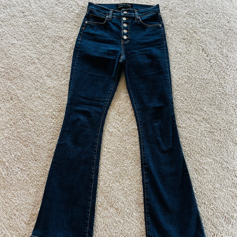 Veronica Beard Beverly Button Fly High-Rise Flare, size 27